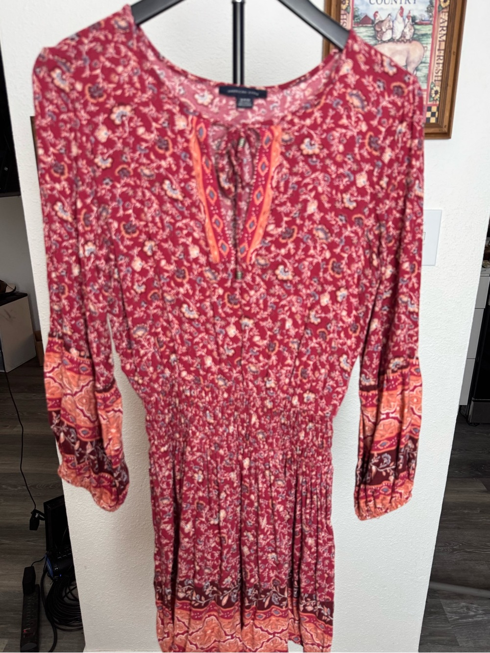American Eagle Red and Orange Boho Floral Patterned Smocked Waist Dress - Small